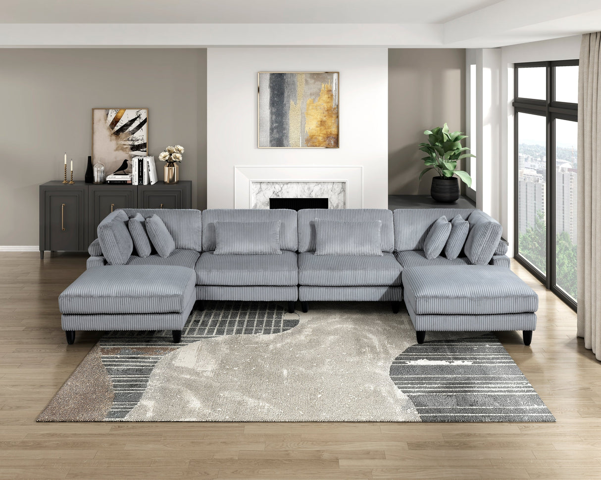 6pc Modular Sectional Set Gray Corduroy Upholstery 2x Armless Chairs 2x Corner Seats 2x Ottomans Pillows Living Room Furniture - sold by Home Elegance USA