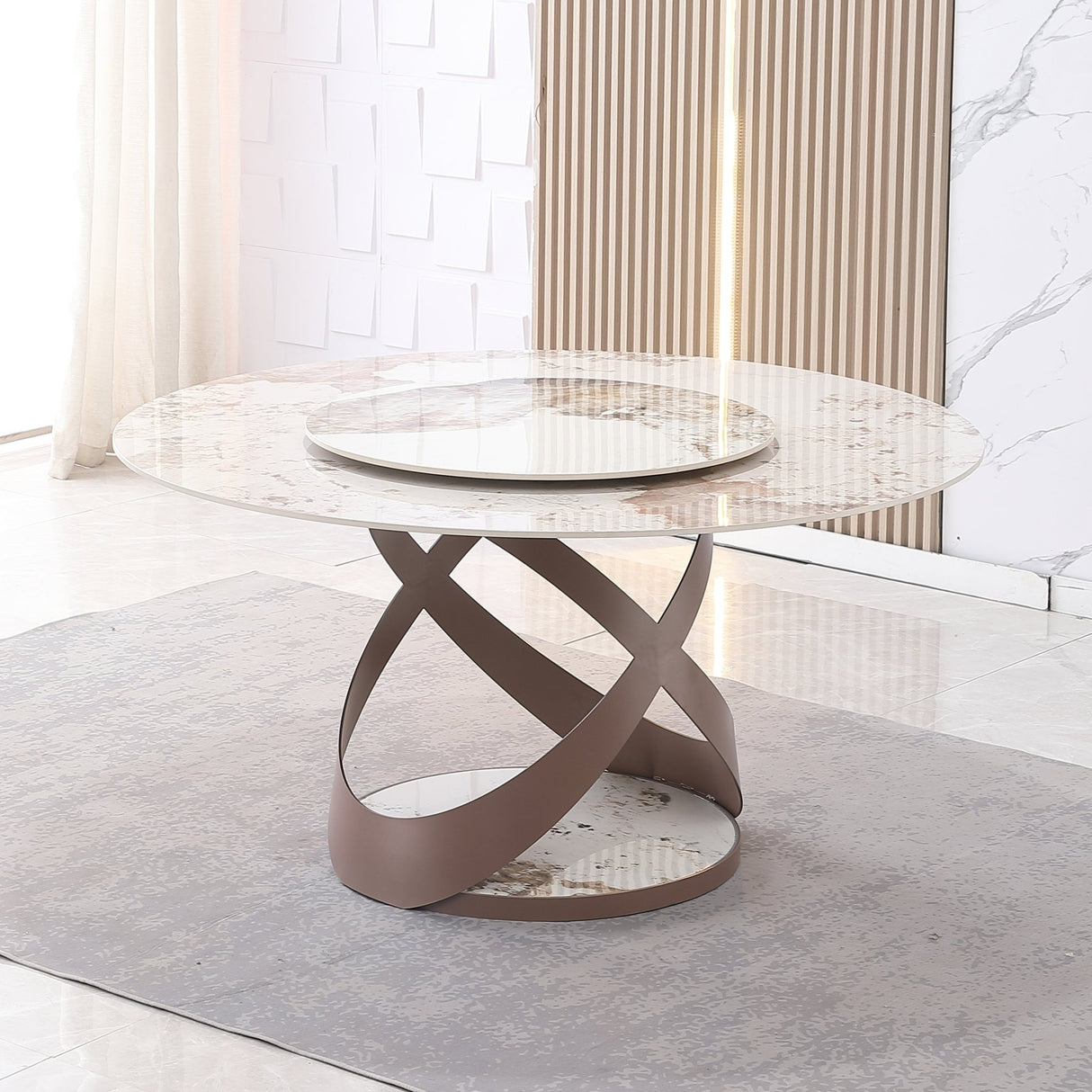 59.05"Modern Sintered stone dining table with 31.5" round turntable and metal exquisite pedestal | Home Elegance USA