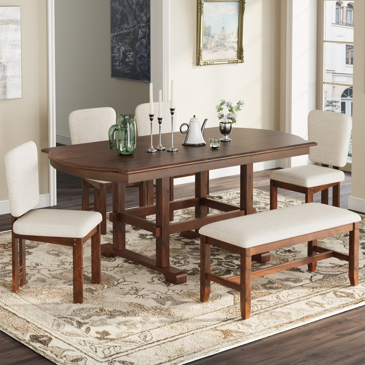 TOPMAX 6 Pieces 78inch Extendable Wood Dining Table Set with Bench, Traditional Kitchen Table Set with 18inch Removable Leaf and 4 Upholstered Dining Chairs, Espresso+Beige - sold by Home Elegance USA