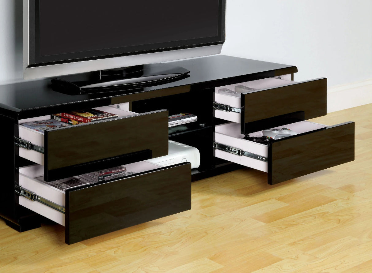 Black Finish Contemporary Style Lacquer Coating TV Console With Full Extension Ball Bearing Glides Drawers Rear Wearing Access And Open Storage Space - sold by Home Elegance USA