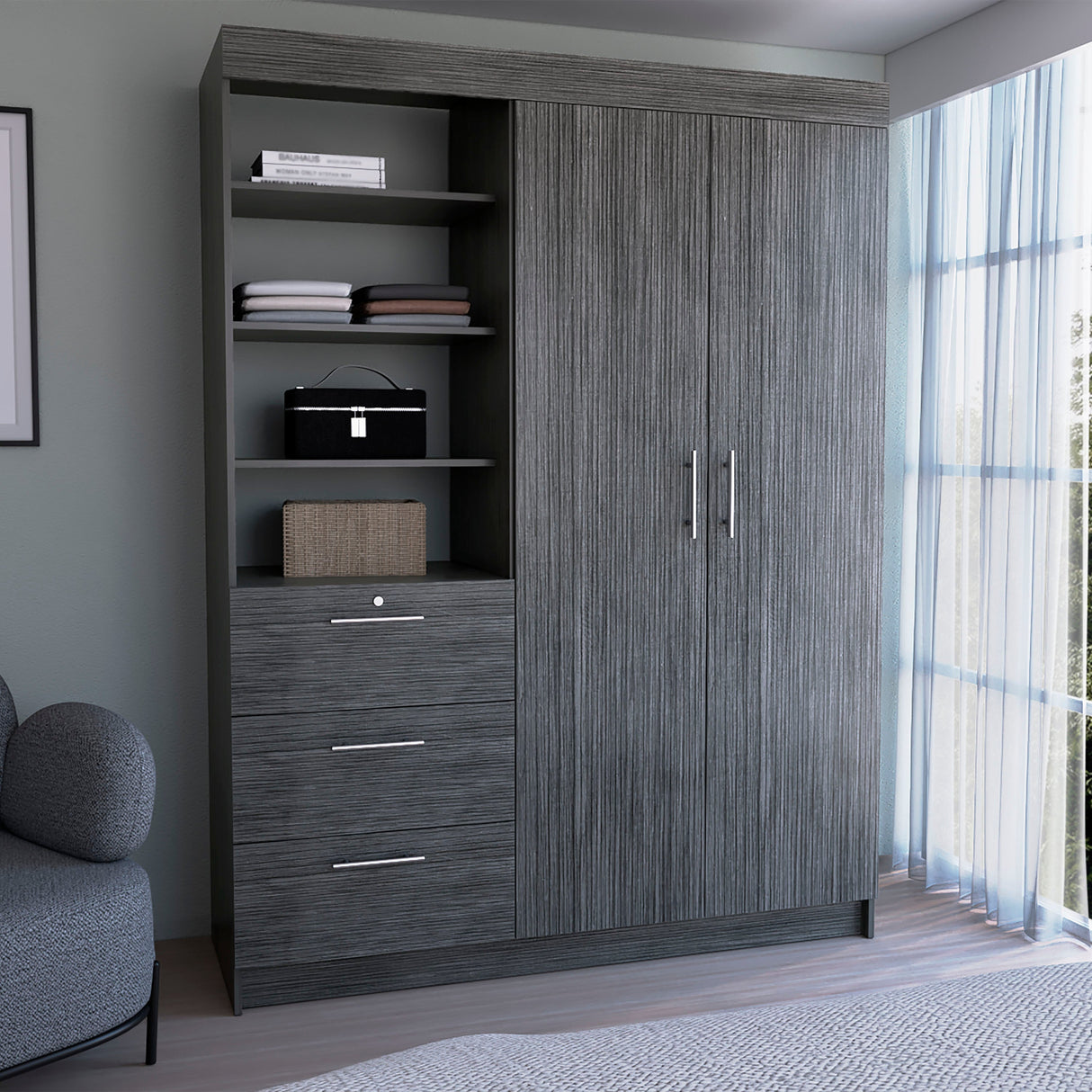 3-Tier Shelf and Drawers Armoire with Metal Handles, Smokey Oak - sold by Home Elegance USA