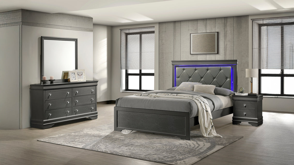 Blaze Upholstered Modern Style 4 Pc Queen Bedroom Set with LED Headboard Made with Wood in Metallic Gray(CA WAREHOUSE)