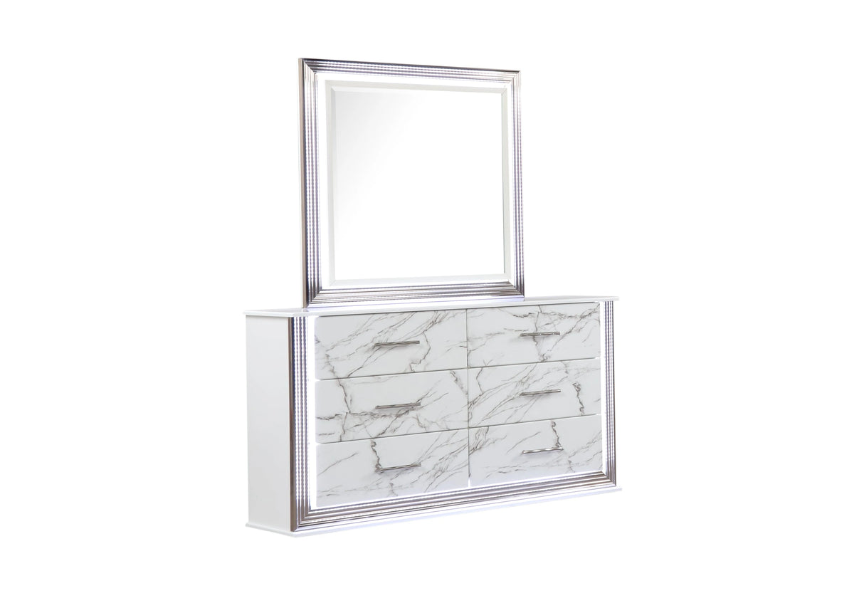 Desire Queen 5-Piece Bedroom Set – LED Upholstered Bed with Footboard Storage, Dresser, Mirror, Nightstand, and Chest in White & Marble Finish with Metallic Accents(CA INVENTORY) - sold by Home Elegance USA