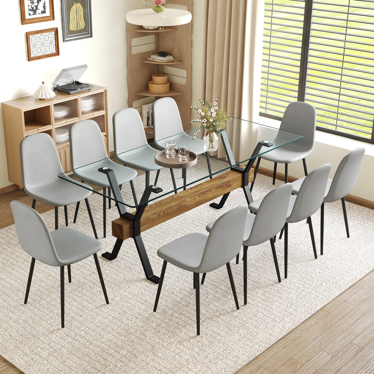 Table and chair set.79'x31.5' with X-shaped Black Metal Table Legs,Wood Grain Textured MDF Crossbeam.Paired With 10 Chairs Made Of Light Gray Lnen Fabric.Iron pipe spraying Legs.