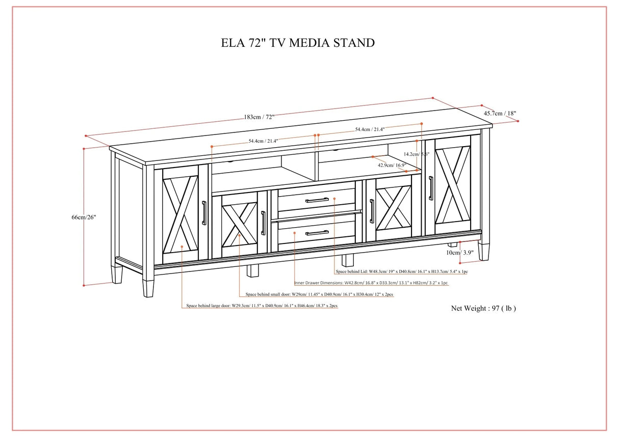 Ela 72 inch Wide Solid Wood TV Stand in Smokey Brown For TVs up to 80 inches - sold by Home Elegance USA
