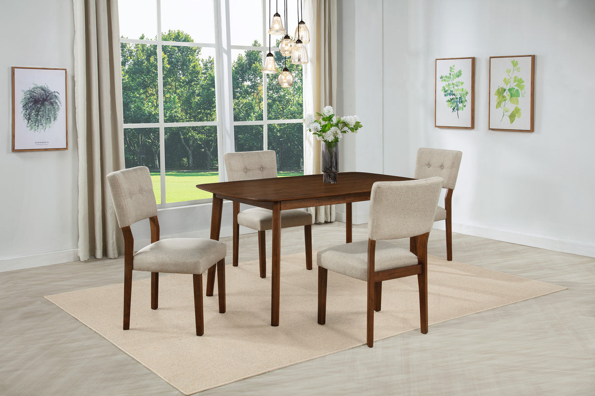 Mid-century Modern 5pc Dining Set Rectangular Table Warm Wood Finish Upholstered Chair Brown Wooden Dining Room Furniture