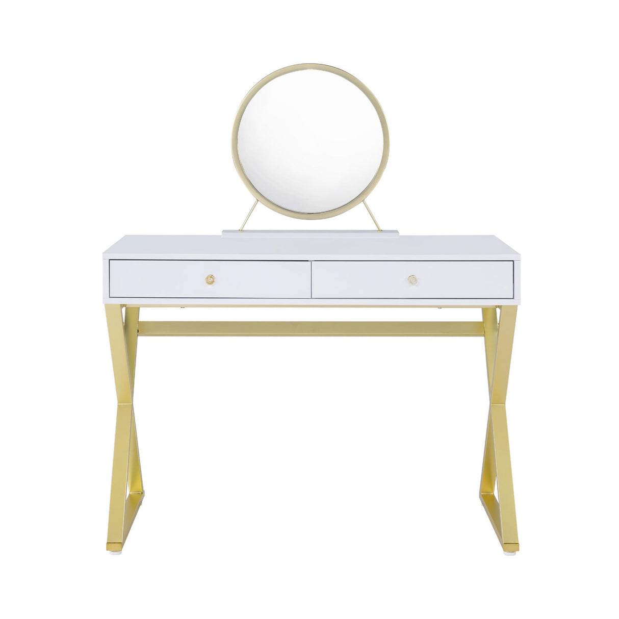Rectangular Vanity Desk with Mirror and Jewelry Tray, White and Gold