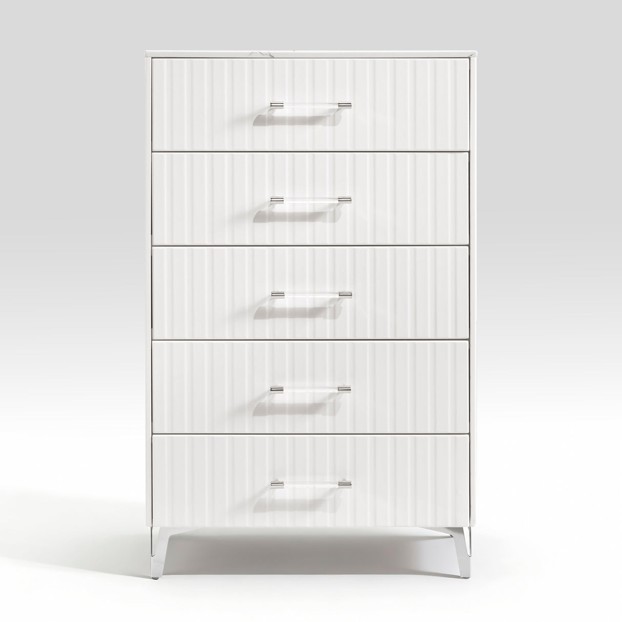 Glam White Chest of 5x Storage Drawers Faux Marble Laminated Top Chrome Metal Legs Bedroom Furniture 1pc
