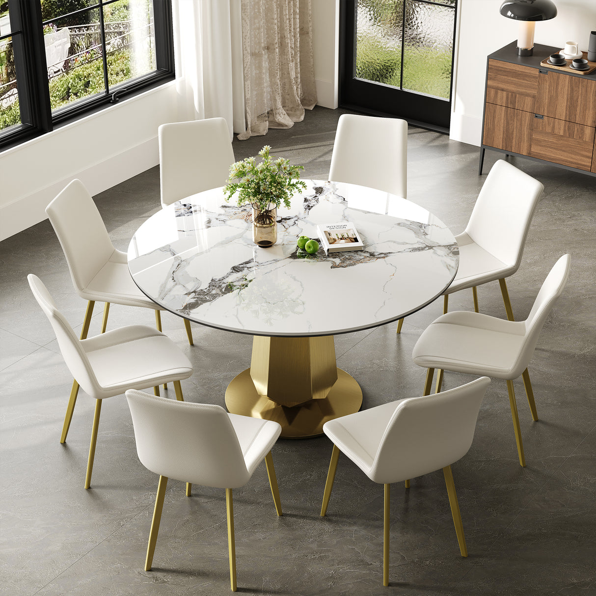 53 inch Luxury Round Dining Table Set with Sintered Stone Top & 8 White PU Chairs, Modern 5-Piece Kitchen Set for 4-8 People, Gold Stainless Steel Base, Easy Assembly for Apartments and Small Spaces