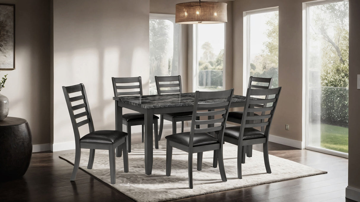 Simple Classic Dark Gray 7pc Dining Set Faux Marble Top Dining Table 6xSide Chairs Leatherette Seats Dining Room Furniture