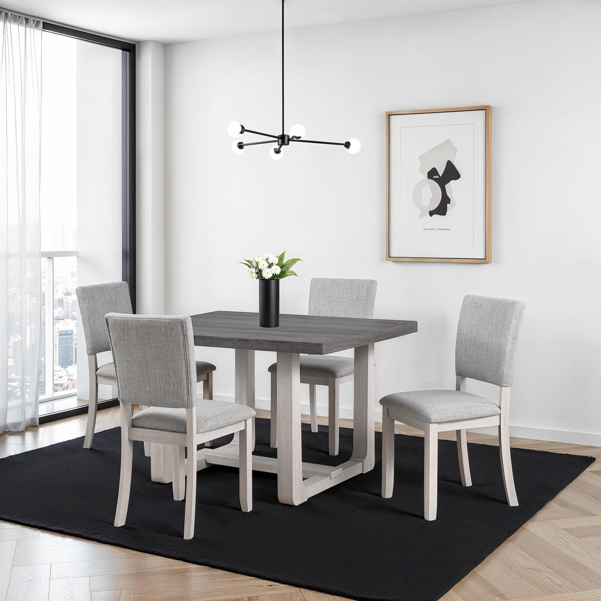 Transitional Style 5pc Dining Set Gray Upholstered Fabric Chairs Dining Table Trestle Base Table 4x Side Chairs Dining Room - sold by Home Elegance USA