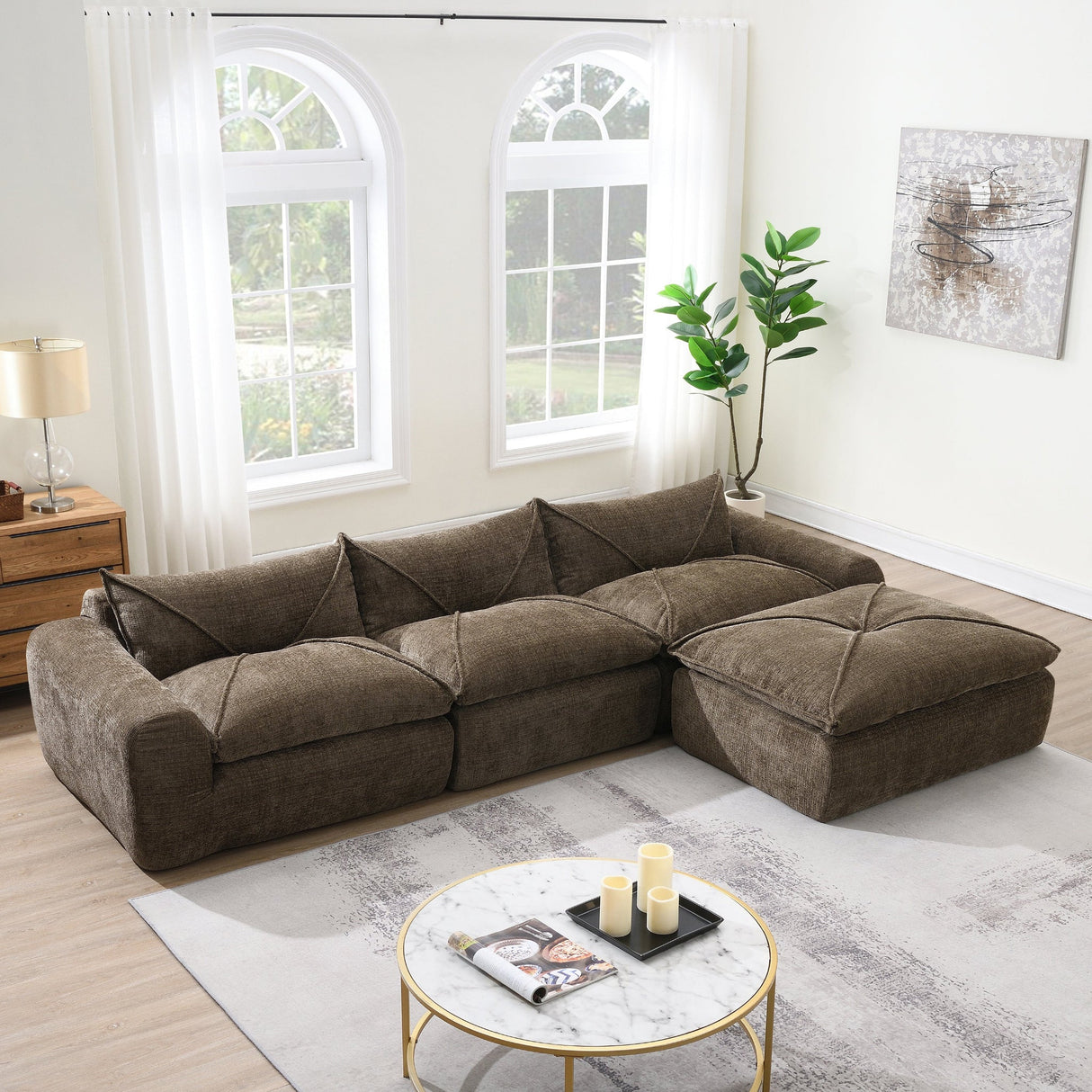 116'' Fully Compressed Sofa with High Density Foam, Integrated Backrest&Seat Cushion, Decorative Edging, Legless Design without Frame, No Assembly Required, Free Combination, Particle Chenille - sold by Home Elegance USA