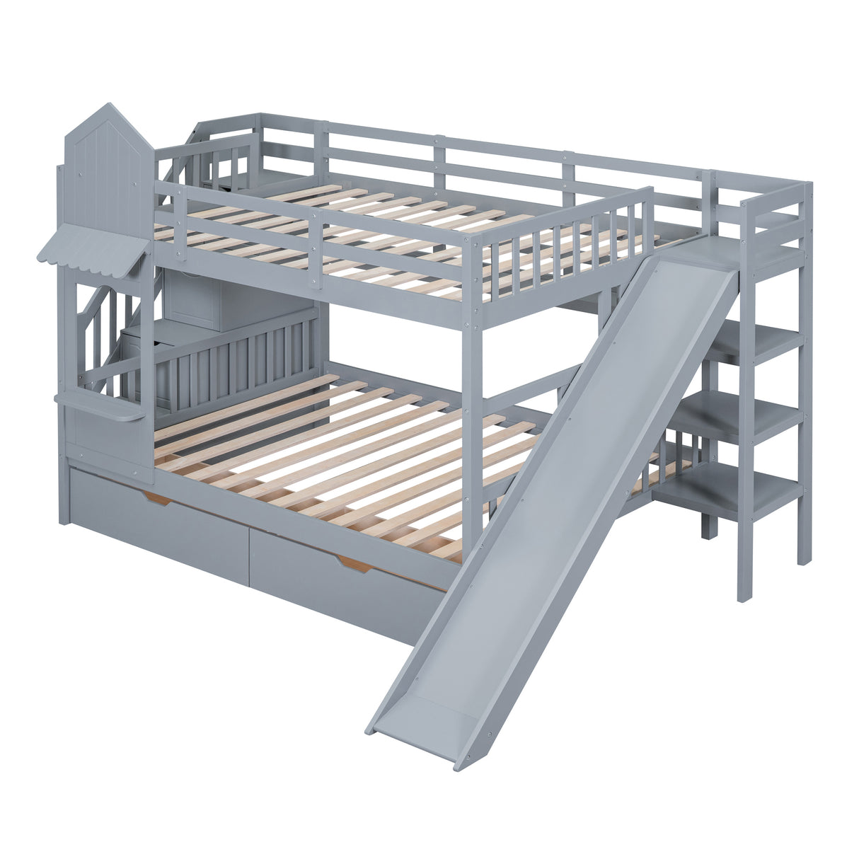 Full-Over-Full Castle Style Bunk Bed with 2 Drawers 3 Shelves and Slide - Gray(OLD SKU:LT000558AAE-2) - sold by Home Elegance USA