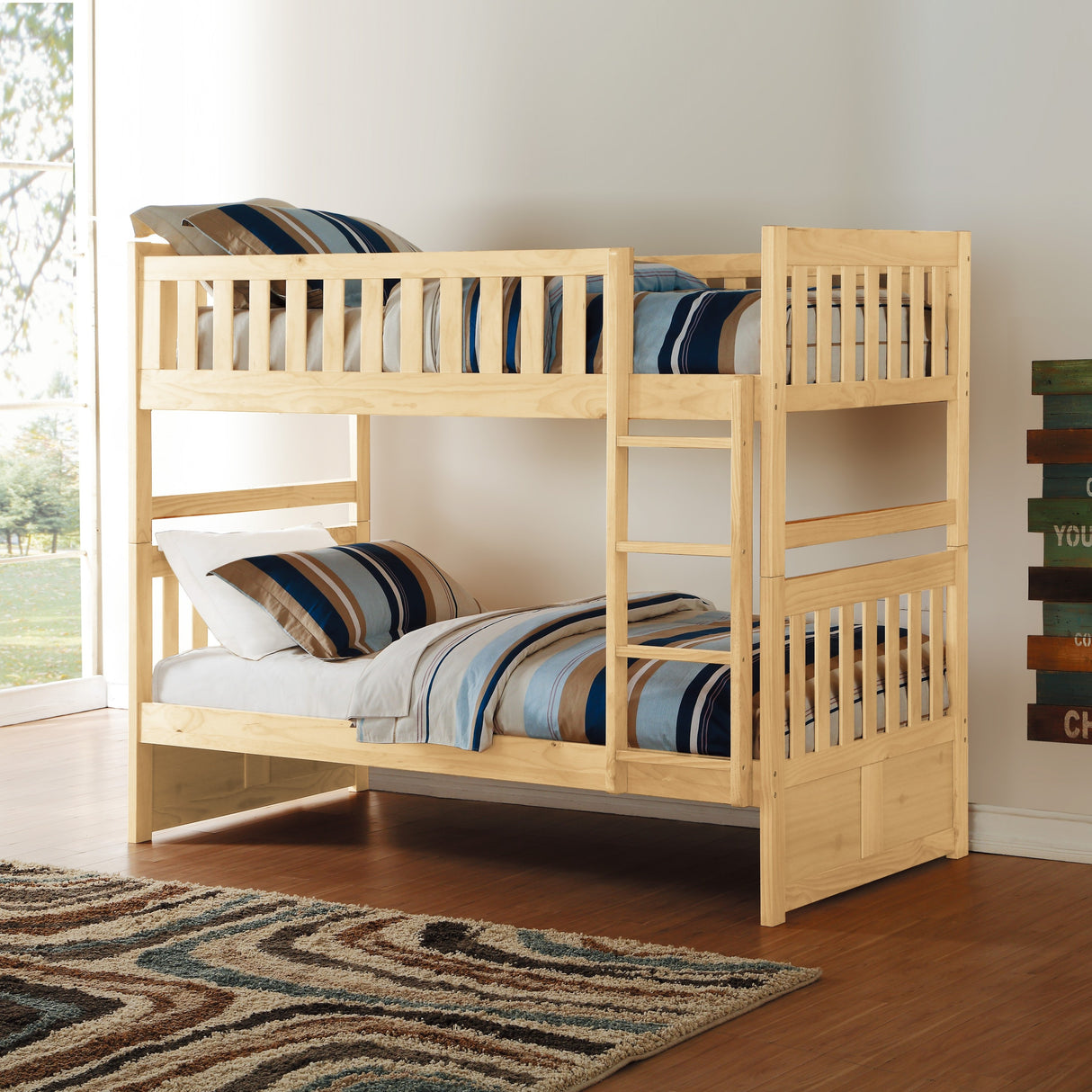 Bunk Bed Twin Over Twin Natural Pine Finish Sturdy Ladder Wooden Transitional Bedroom Furniture 1pc Children Bed