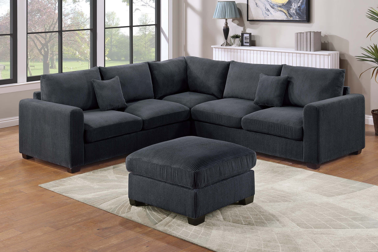 Modern Style L-Shaped 4pc Sectional Set Cocktail Ottoman Square Arms Throw Pillow Corduroy Upholstered Black Finish Primary Living Room - sold by Home Elegance USA
