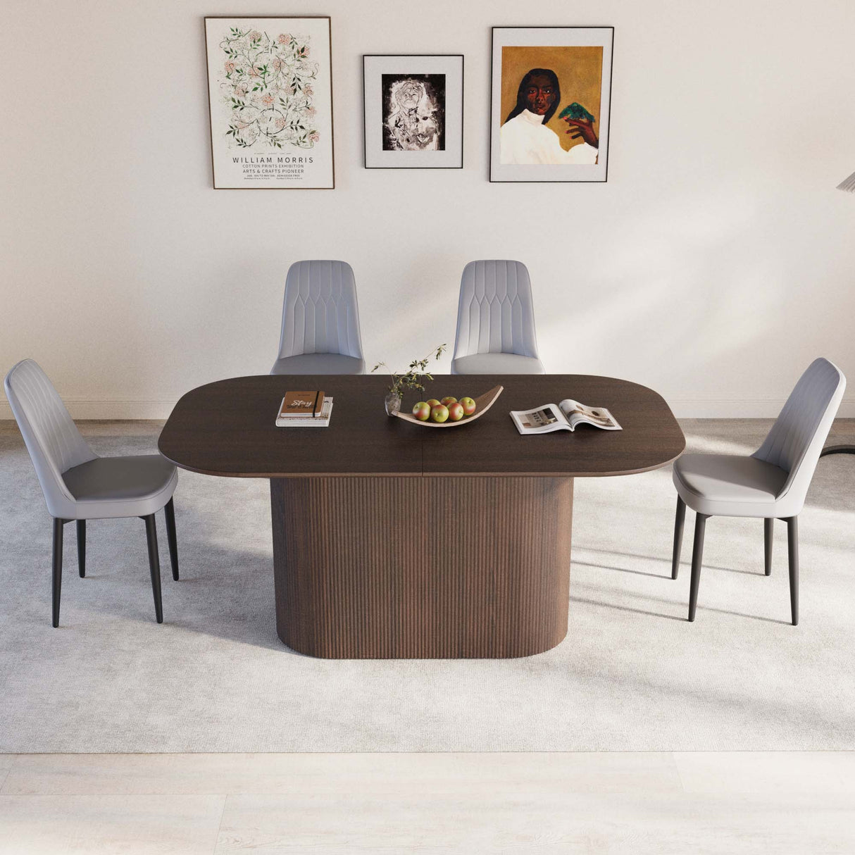 Mesa de comedor de MDF de estilo medieval moderno marrón de 63 'y juego de sillas de comedor de PU 4. Conjunto de escritorio ensamblado y silla de comedor con patas de metal negro, adecuado para el hogar y la cocina.