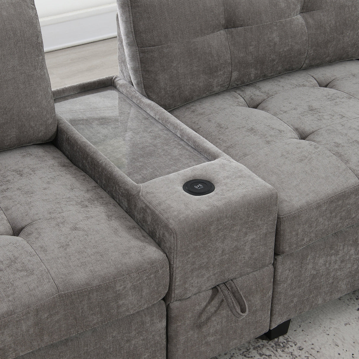 Modern Chenille U-Shaped Sectional Sofa with Acrylic Table Top, USB Charger, Storage Drawers, and Movable Ottoman in Gray - sold by Home Elegance USA