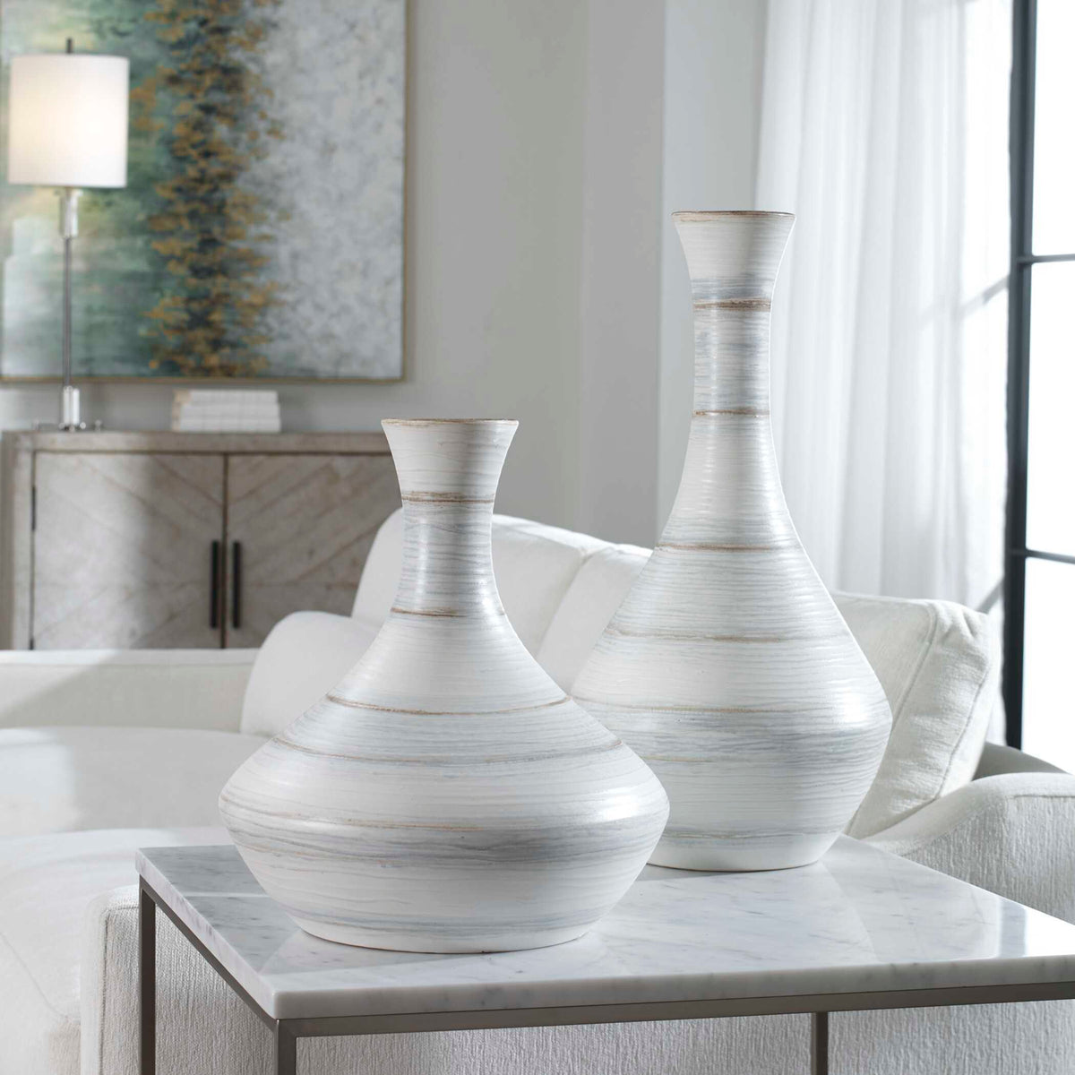 Potter Fluted Striped Vases (Set of 2) - Light Blue by Uttermost - View 4