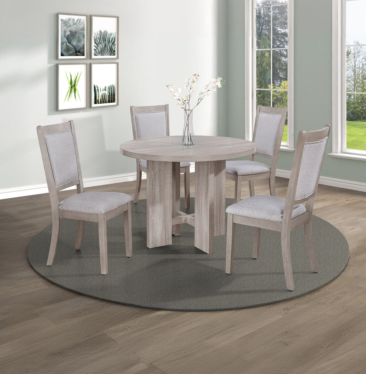 5pc Dining Set Round Table Upholstered Chairs Wooden Dining Room Furniture Beige Drift wood Finish