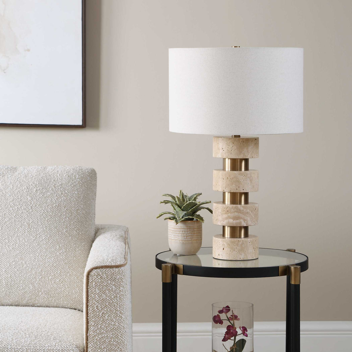 Makani Travertine Table Lamp Brass / Gold / White - Gold / Beige by Uttermost - View 3