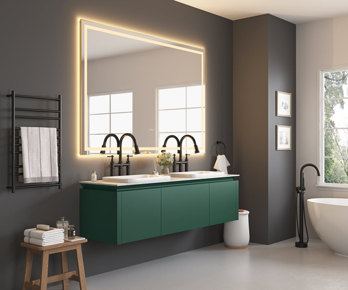 84in. W x 48in. H Oversized Rectangular Black Framed LED Mirror Anti - Fog Dimmable Wall Mount Bathroom Vanity Mirror HD Wall Mirror Kit For Gym And Dance Studio 48X 72Inches With Safety Ba | Home Elegance USA