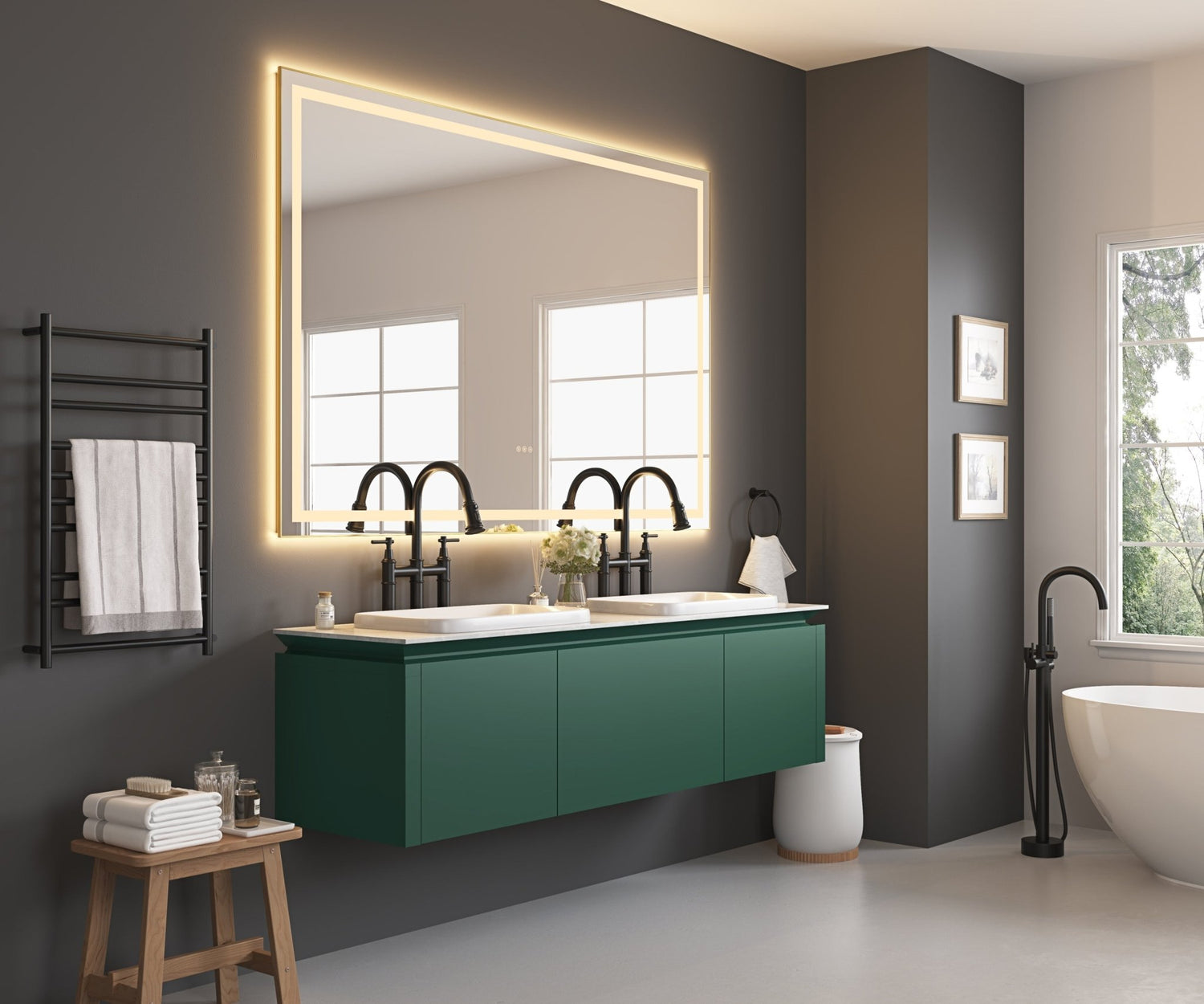 84in. W x 48in. H Oversized Rectangular Black Framed LED Mirror Anti - Fog Dimmable Wall Mount Bathroom Vanity Mirror HD Wall Mirror Kit For Gym And Dance Studio 48X 72Inches With Safety Ba | Home Elegance USA