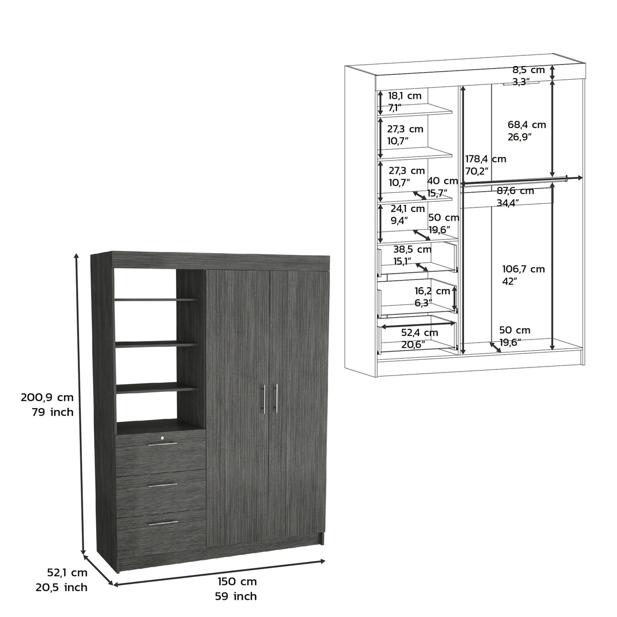3-Tier Shelf and Drawers Armoire with Metal Handles, Smokey Oak - sold by Home Elegance USA