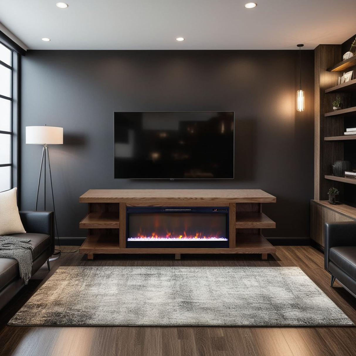 Soporte para TV con chimenea Laurel Canyon de 82 pulgadas para televisores de hasta 90 pulgadas, ensamblaje mínimo, acabado roble bourbon