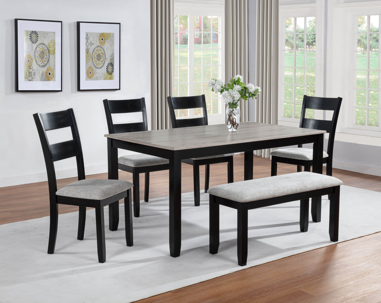 6pc Dining Set Rectangular Table Features Weathered Gray Finish Wood Grain Wide Slat Backs Padded Seats Upholstered Textured Neutral Fabric Chair Bench