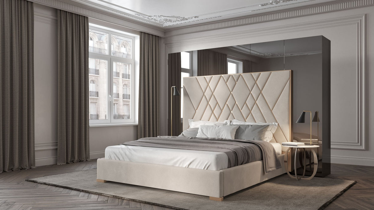 Eldora - Queen Glam Beige Velvet and Brushed Brass Bed - View Image 1
