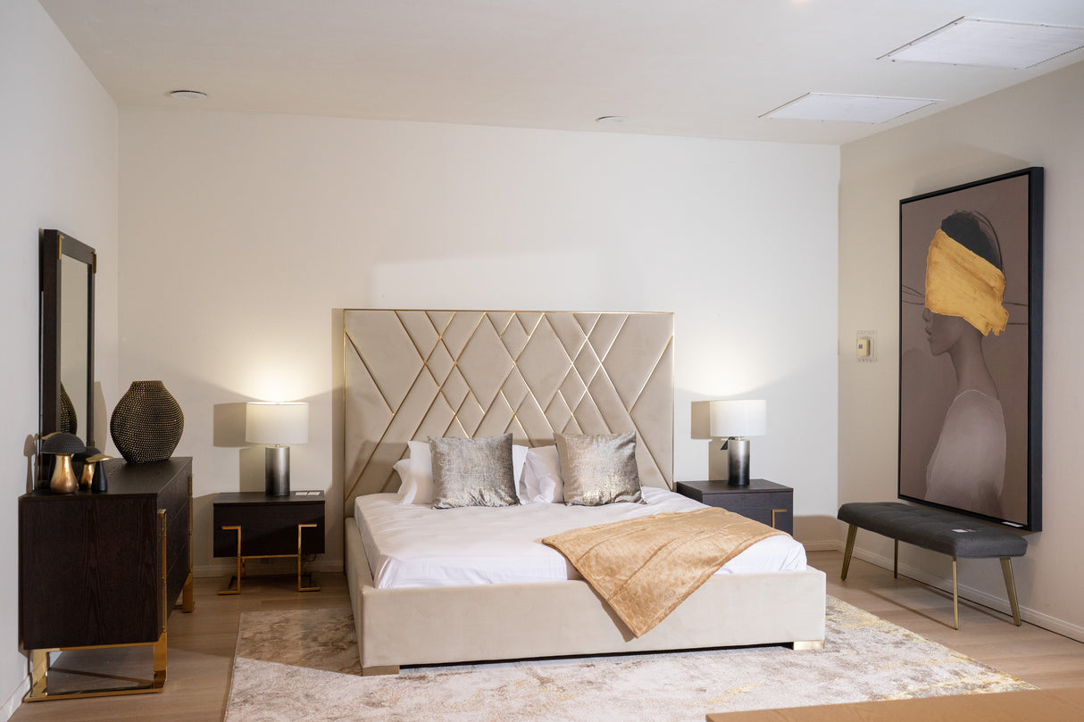 Eldora - Queen Glam Beige Velvet and Brushed Brass Bed - View Image 1