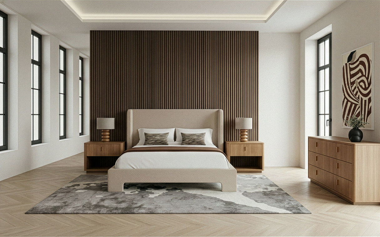 Eastern King Emilio + Roma - Modern Beige Fabric + Oak 4-Piece Bedroom Set