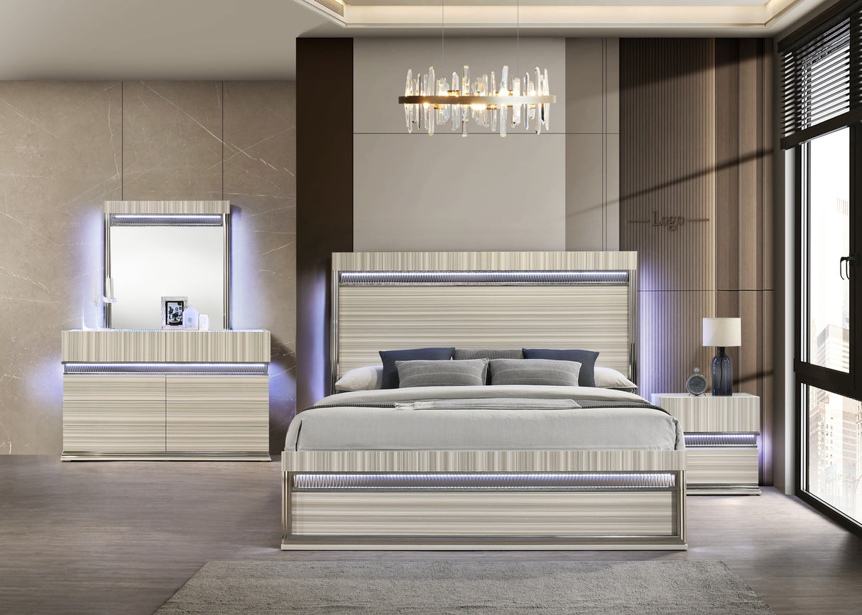 Leonor Modern King 4Pc Bedroom Set made with wood and LED in Gray with clean linear detailing