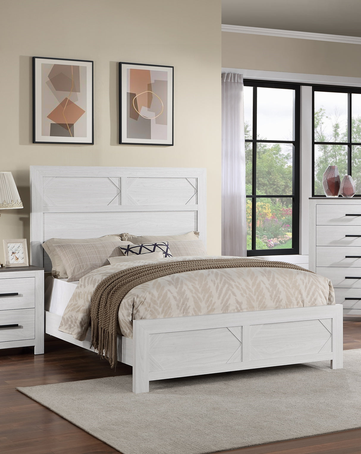 White Color 1pc Eastern King Size Bed High Headboard MDF Particle Board Bedroom Furniture Bedframe Unique Panel Design