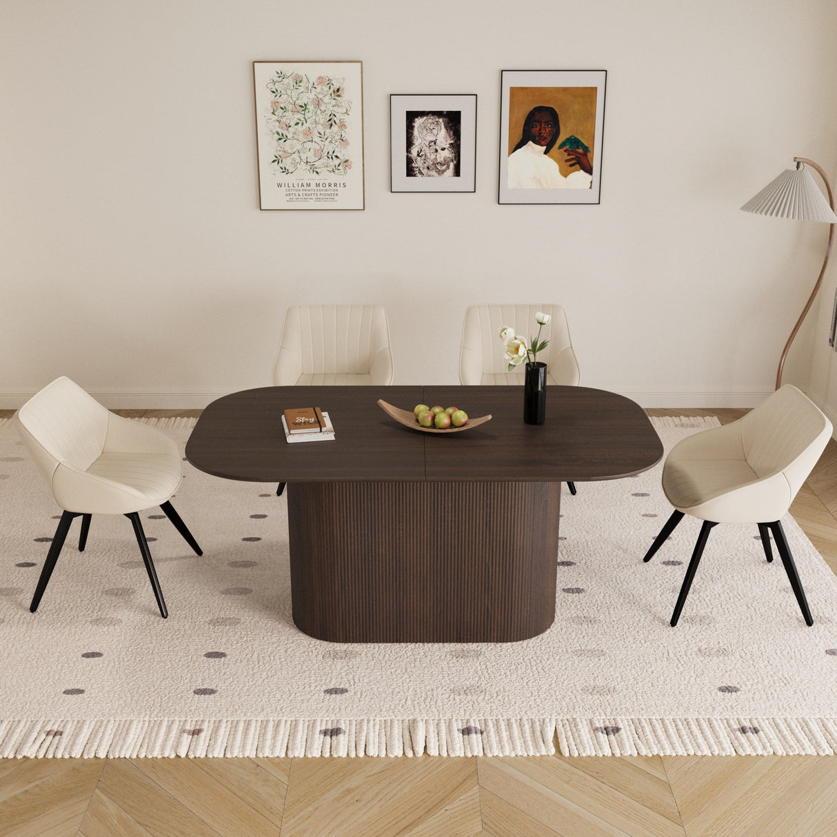 63' medieval modern brown style MDF dining table and 4 sets of black metal leg PU decorative chairs. Assemble desktop and artificial leather dining chair set, suitable for home& kitchen