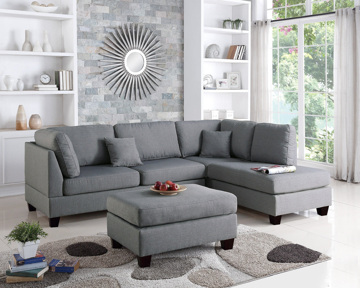 Grey Color 3pcs Sectional Living Room Furniture Reversible Chaise Sofa And Ottoman Polyfiber Linen Like Fabric Cushion Couch - sold by Home Elegance USA