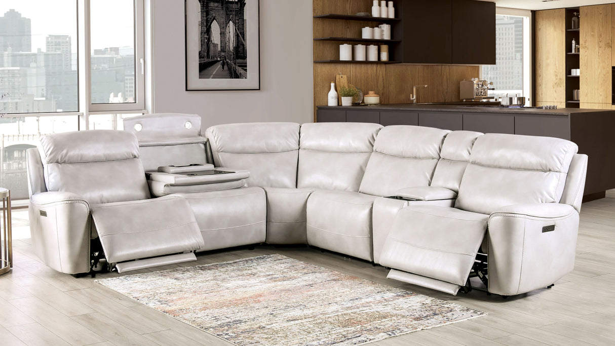 Power Reclining Sectional Couch Light Taupe Leatherette Sofa Corner Wedge Chairs Console Living Room Furniture Recliner L-Shaped Sectional - sold by Home Elegance USA