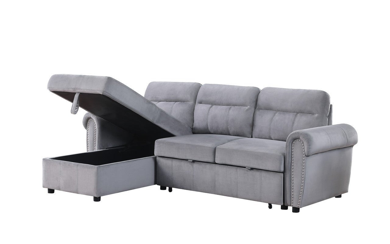 Ashton Gray Velvet Fabric Reversible Sleeper Sectional Sofa Chaise | Home Elegance USA