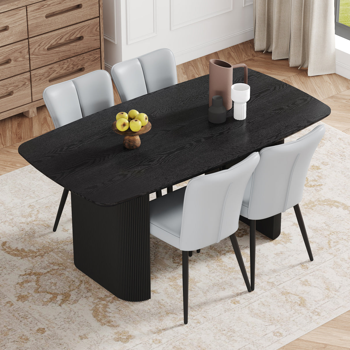 Table and chair set.67*35.4 inch black wood grain MDF dining table:a simple and luxurious choice.Paired with 4 Light Gray PU chairs with a vertical stripe design on the backrest and black metal legs.