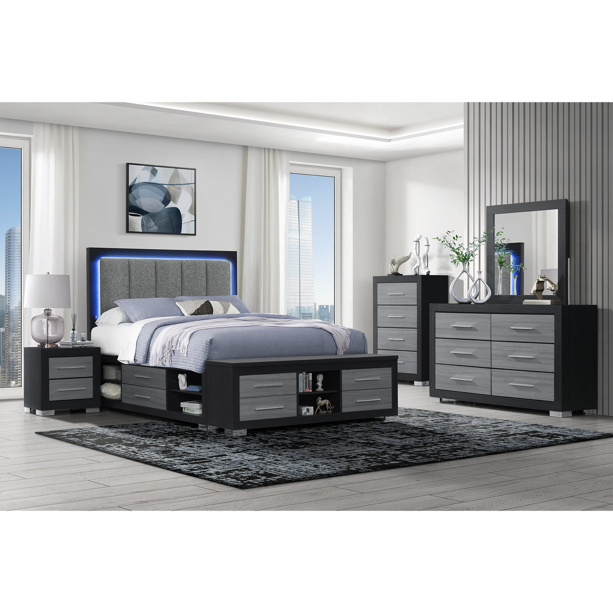 Elsa Black and Grey 5PC Storage and LED Full Bedroom Set