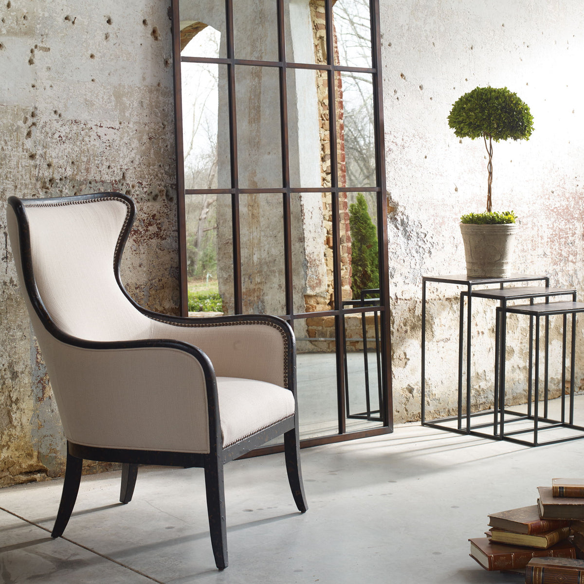 Sandy Wing Back Armchair Beige & Dark Brown - Beige / Dark Brown by Uttermost - View 8