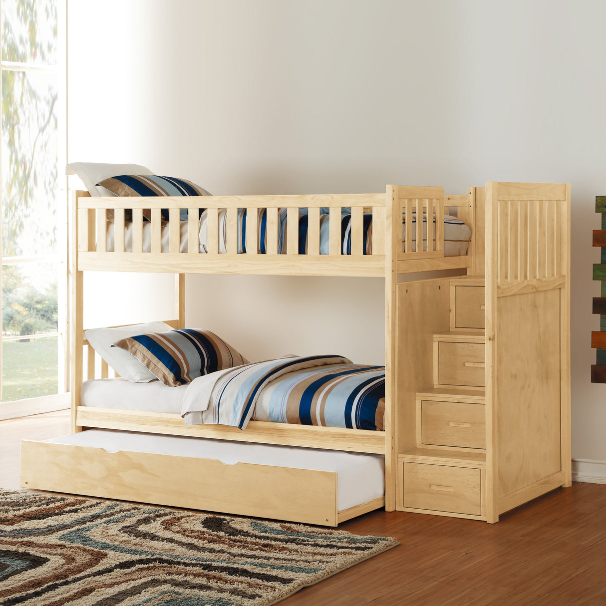 Twin Over Twin Bunk Bed with Trundle Reversible Storage Step Drawers Natural Pine Finish Guard Rails Wooden Bedroom Furniture 1pc