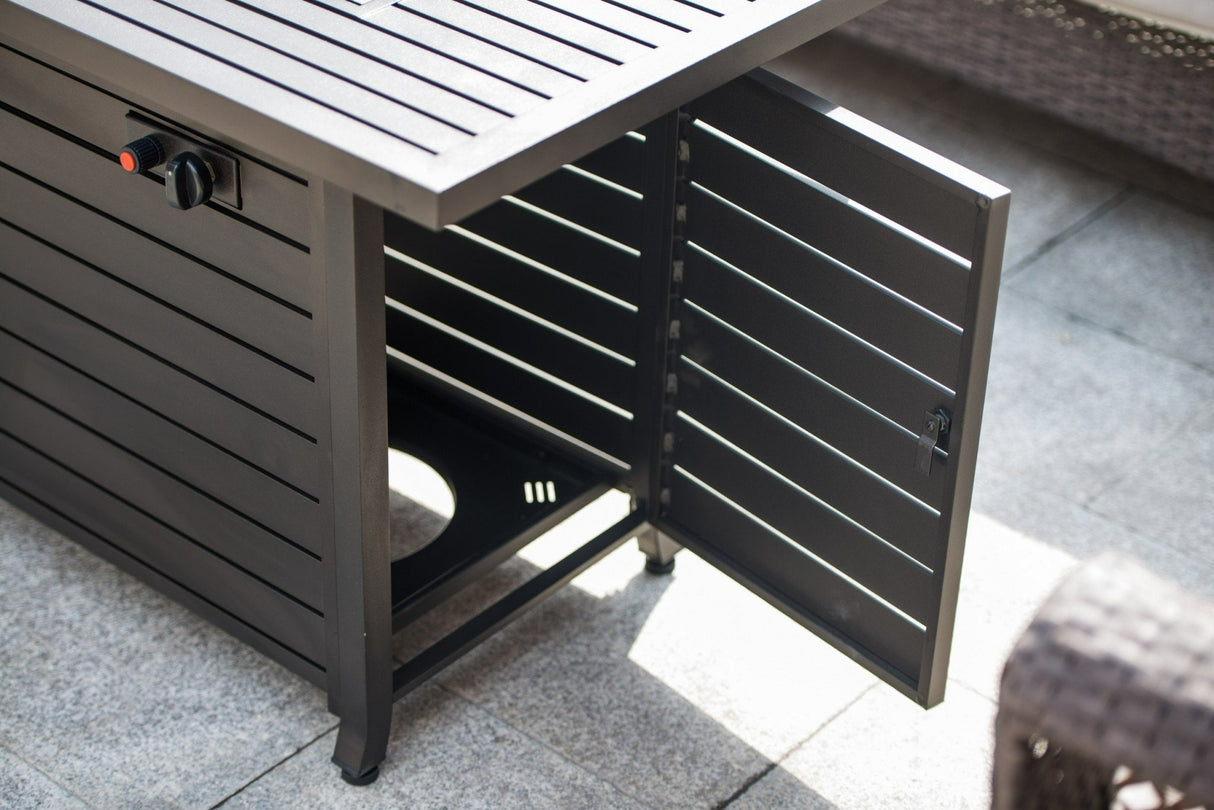 57in Outdoor Gas Propane Fire Pits Table, Aluminum, 50000BTU Firepit Fireplace Dinning Table with Lid, Fire Glass, Retangular, ETL Certification, for Garden Backyard Deck Patio - Mocha | Home Elegance USA