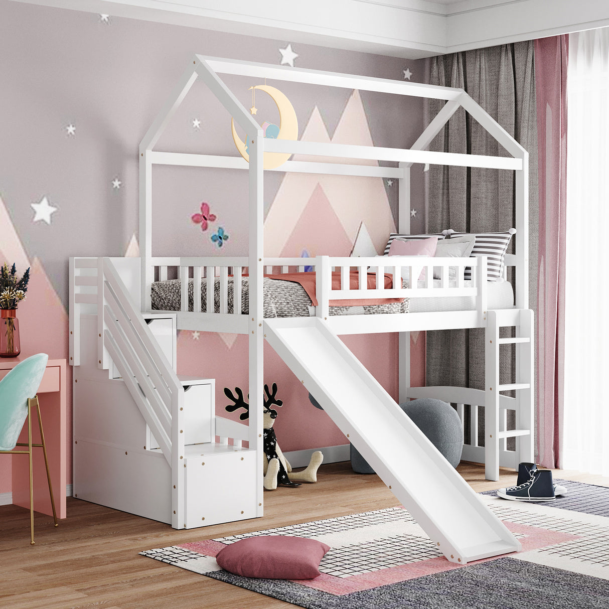 Twin Loft Bed with Two Drawers and Slide, House Bed with Slide, White (Old SKU: LT000130AAK)