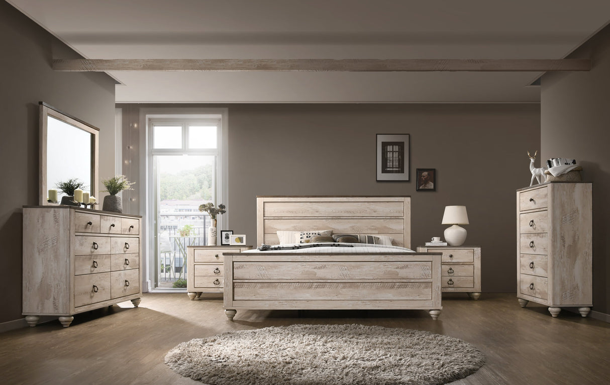 Imerland Contemporary White Wash Finish Bedroom 6-piece Set, King Bed, Dresser, Mirror, 2 Nightstands, Chest - sold by Home Elegance USA