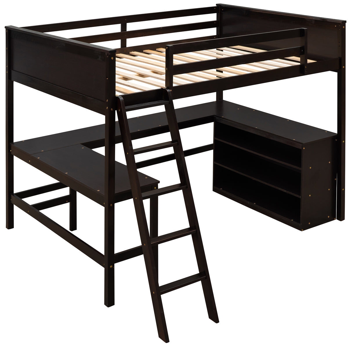 Full size Loft Bed with Shelves and Desk, Wooden Loft Bed with Desk - Espresso - Home Elegance USA