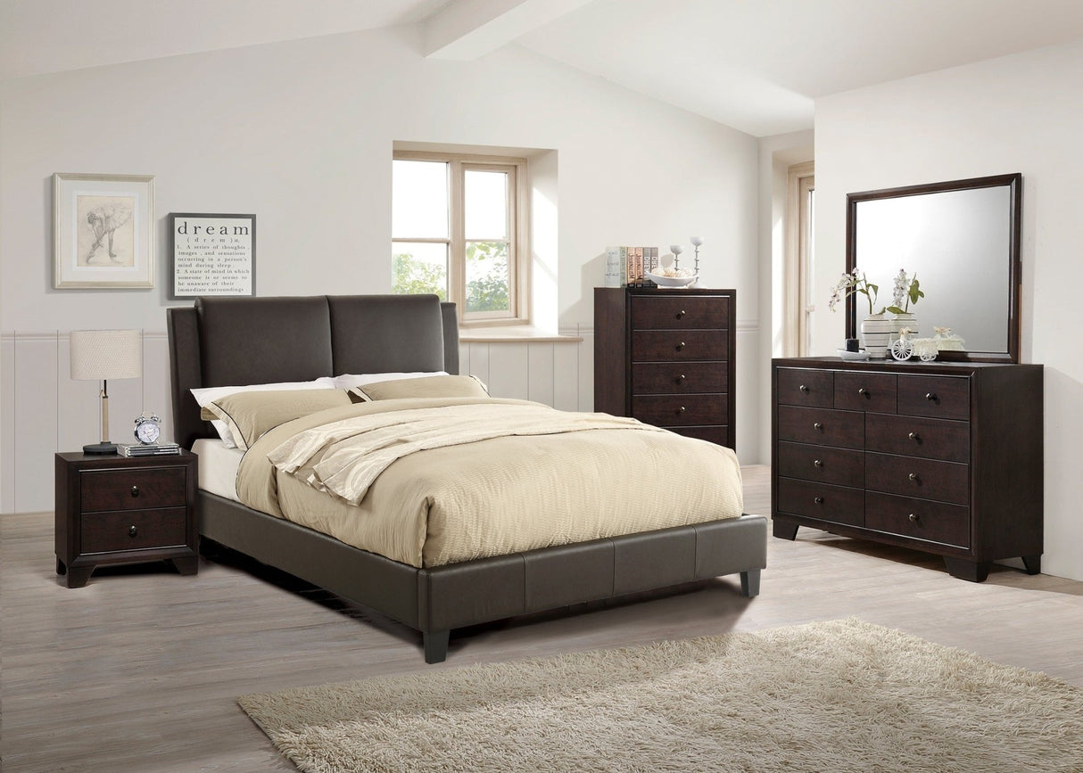 California King Size Bed 1pc Bed Set Brown Faux Leather Upholstered Two - Panel Bed Frame Headboard Bedroom Furniture | Home Elegance USA