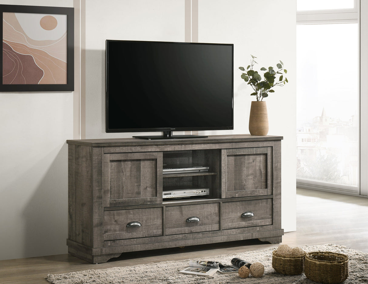 Contemporary TV Stand 1pc Weathered Wood Finish Metal Hardware Sliding Doors Open Shelves Lower Drawers Wooden Living Room Furniture Dark Gray - Home Elegance USA