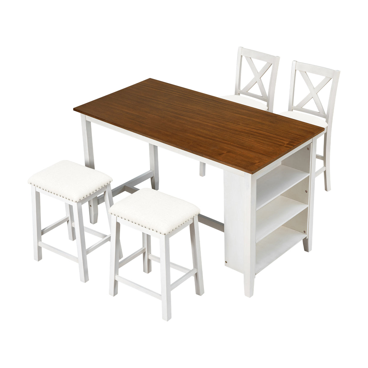 TOPMAX Rustic Farmhouse Dining Room Wooden Bar Table Set with Stools and Chairs, White, Rubberwood and MDF