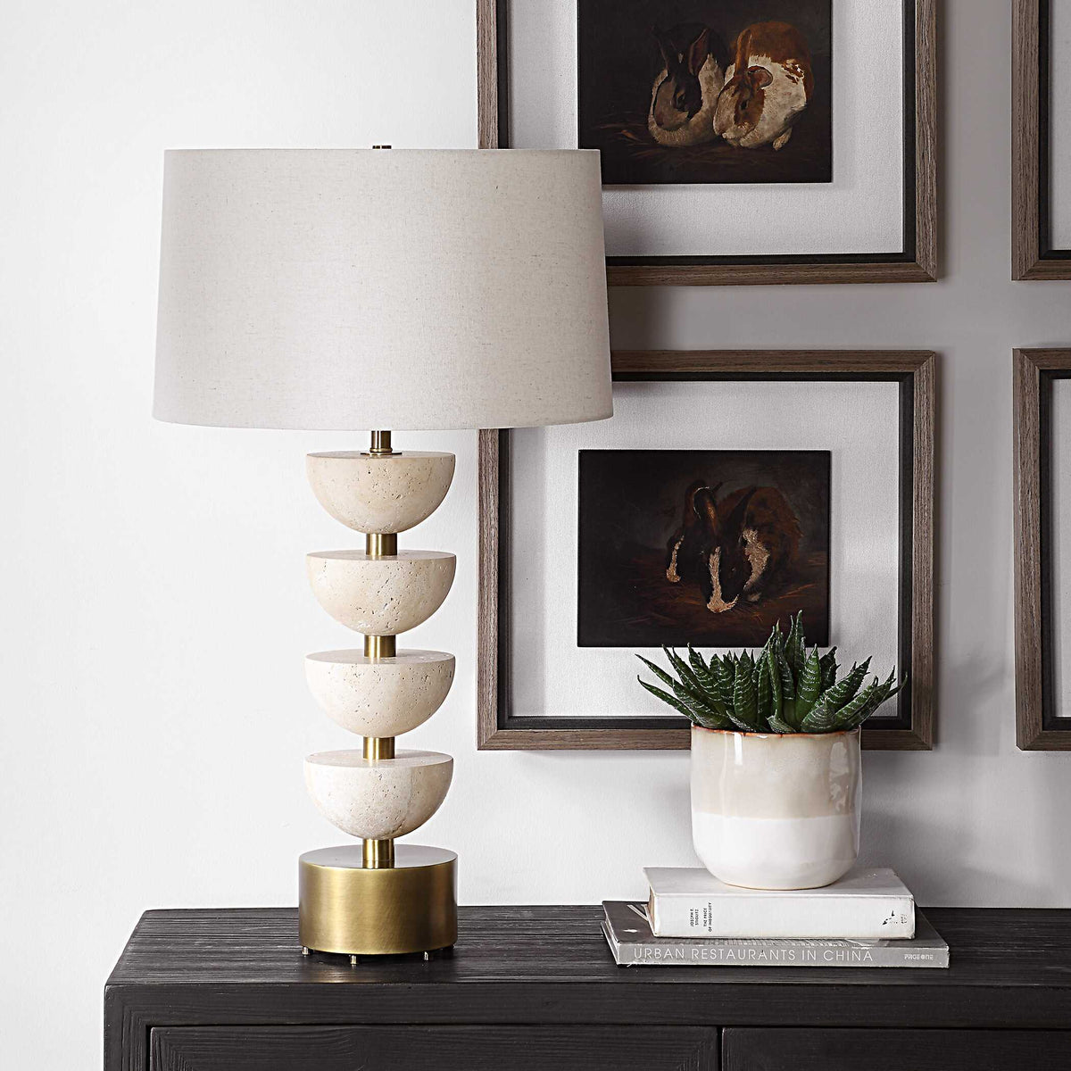 Hemisphere Travertine Table Lamp - Beige / Bronze by Uttermost - View 3